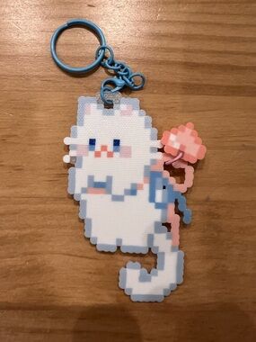 Blue & Pink Pixel Cat Keychain - Cute Cat Bag Charm Handmade w Perler Beads NEW